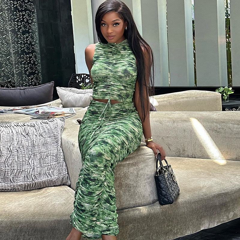 European and American  women's clothing printed sleeveless pullover drawstring top sexy tight hip-wrapped skirt two-piece set