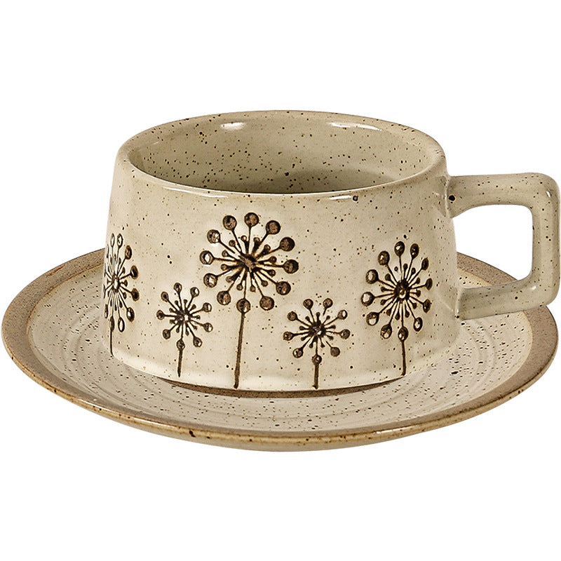 Vintage stoneware underglaze coffee cup and saucer set - ceramic drinking cup - office milk tea cup - high-style terracotta tea cup