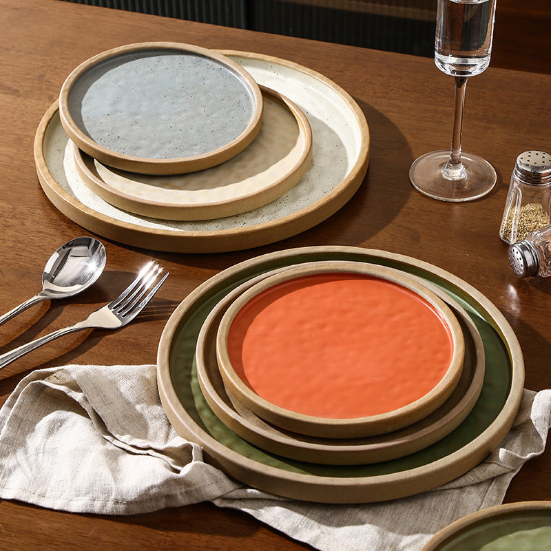 Retro stoneware western food steak plate japanese style with edge restaurant hotel for homestylish shallow plate dessert side dish plate