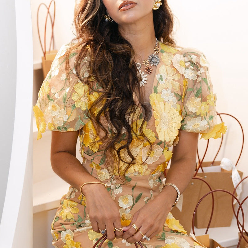 European and american cross-border  ins new arrival v-neck 3d floral bodycon lantern sleeve dress sexy embroidered evening gown
