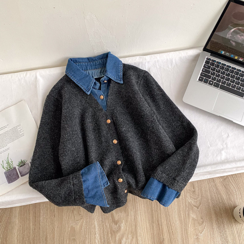 K-style denim patchworkfake two-piece knitting shirtsweater women's looseslimming lookwork clothing styletopsautumeasiest for match
