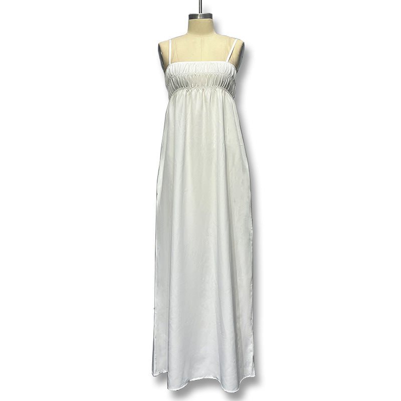 summer new european and american style women's solid color camisole shirred long dress sleeveless casual comfortable dress
