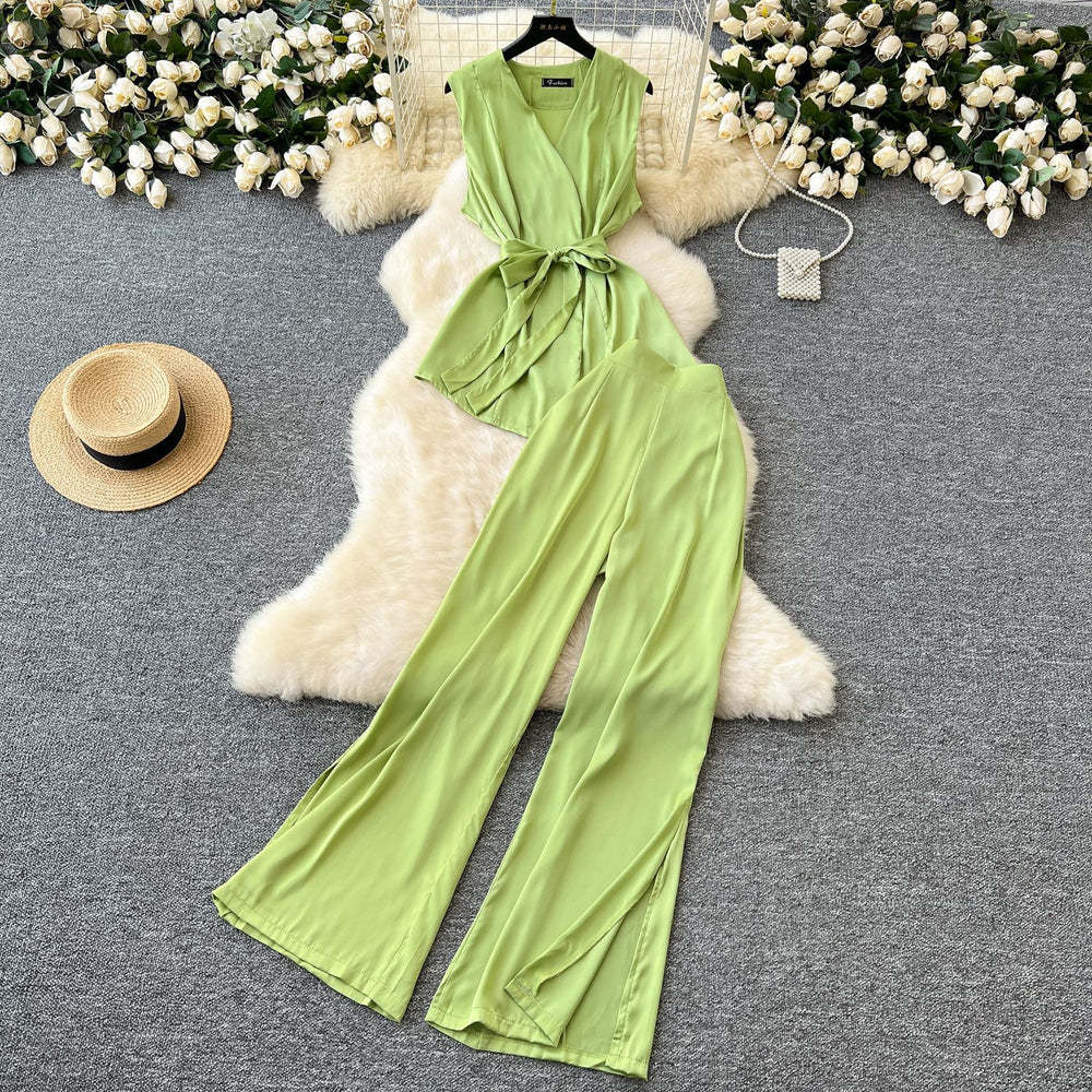Light mature style summer dress for women new arrivalsense of design strap waist sleeveless satintopshigh waist slit mop pants pants