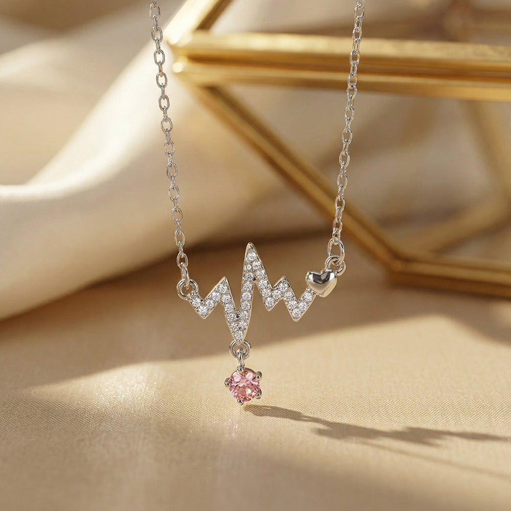 Japanese and korean popular copper inlaid zirconium full diamond electrocardiogram necklace for women accessible luxuryniche stylefashionelegant titanium steel clavicle chain jewelry