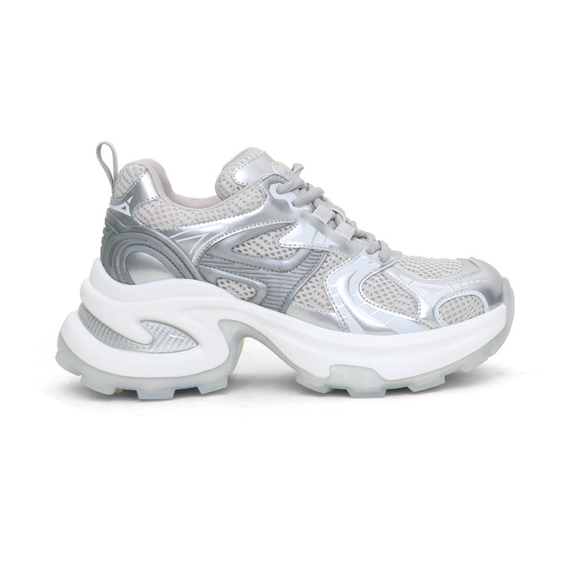 2026 spring/autumn new collection: chunky platform breathable mesh height-increasing dad shoes - space silver thick sole casual sneakers for women
