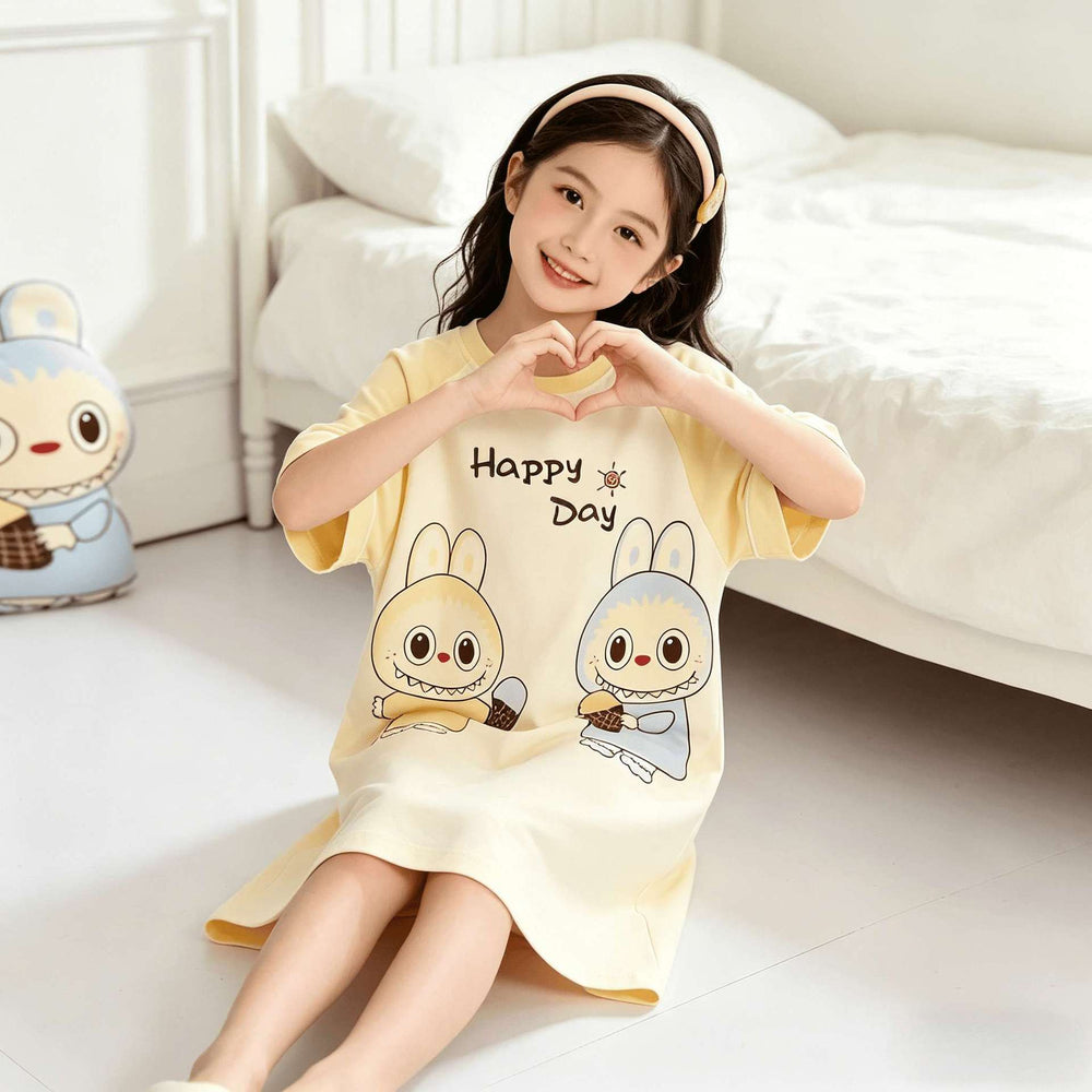 [family style] girls' zhongda tong pajamas suit summer short sleeve baby cartoon cute home clothes nightgown