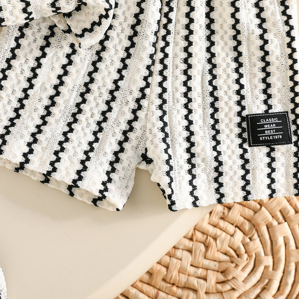 Vintage-inspired baby outfit set: textured striped top + shorts - casual two-piece set for little ones
