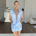 fashion style women's clothing  spring and summer new arrivalpure color deep v neck silmsexy hip-covering pleated dress for women