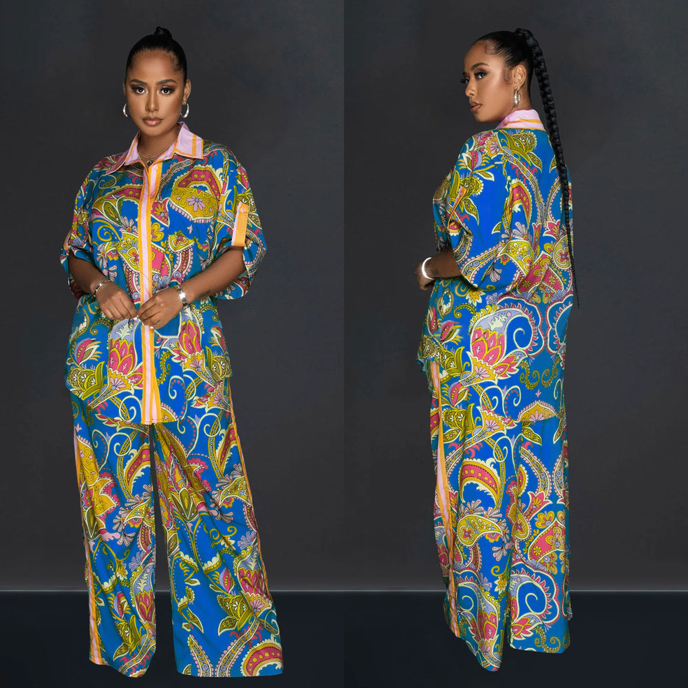 C6618 cross-border   fashion women's french print shirt & shorts two-piece set