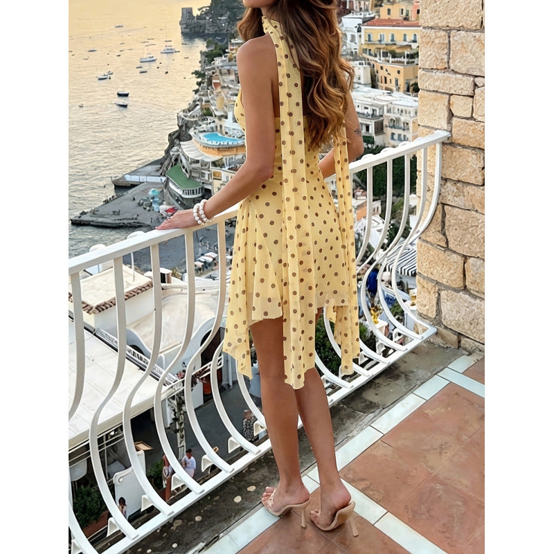 Women's summer sexy vacation mesh polka dot print ruffle hem asymmetrical waist cincher mini slip dress