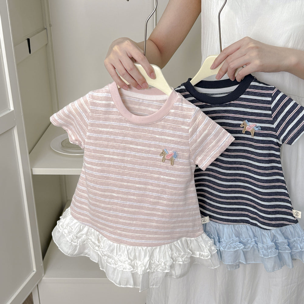 【summer clearance with free shipping】 new striped lace trim short sleeve t-shirt for women - spring/summer designer style