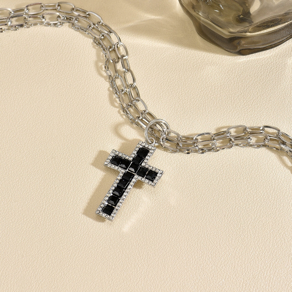 Cross pendant wholesale european and american cross-border dark necklace personalized punk diamond multi-layer combination chain clavicle chain