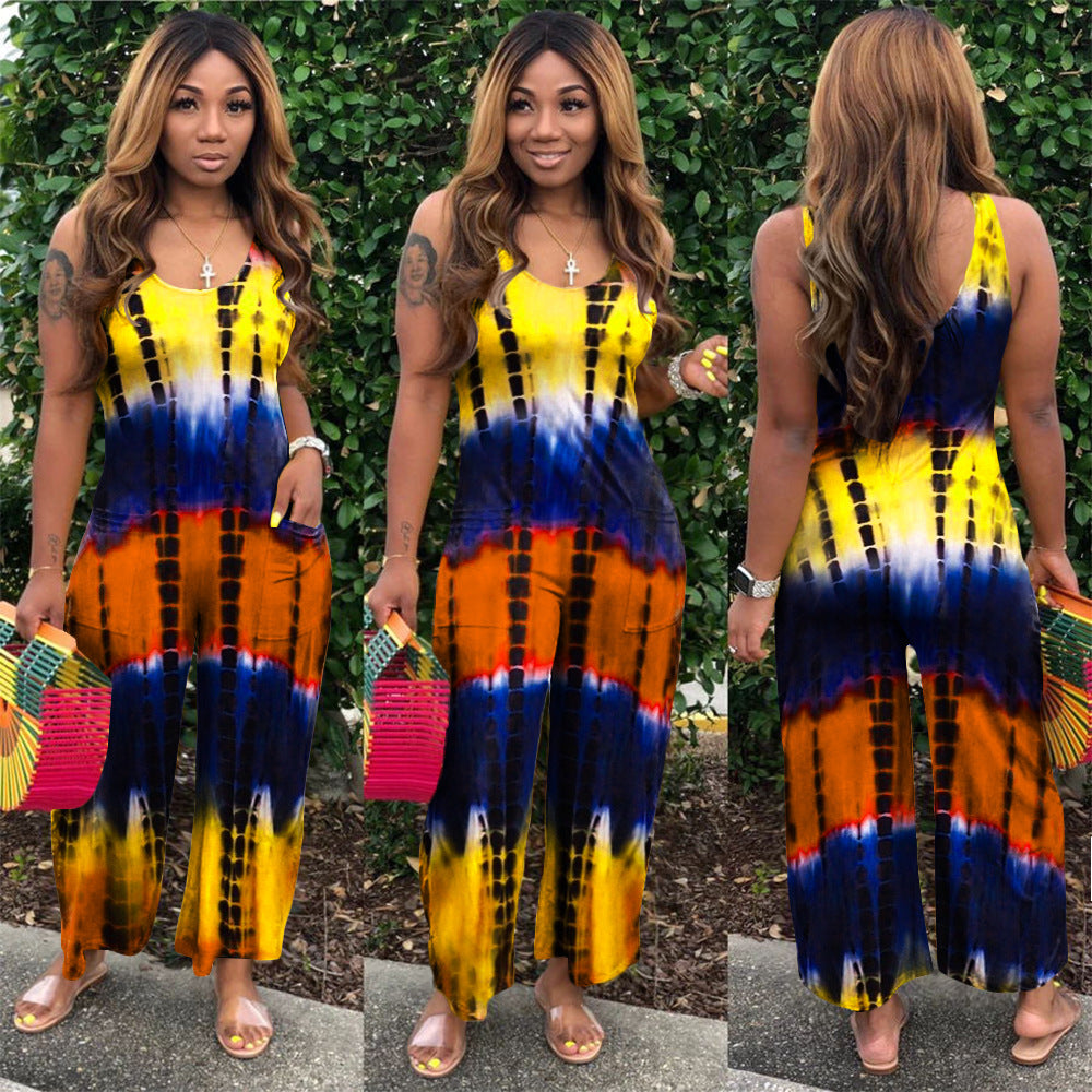 S390141 European and American summer wholesale casual off-the-shoulder hollow printing suspender jumpsuit fashionable wide-leg pants women