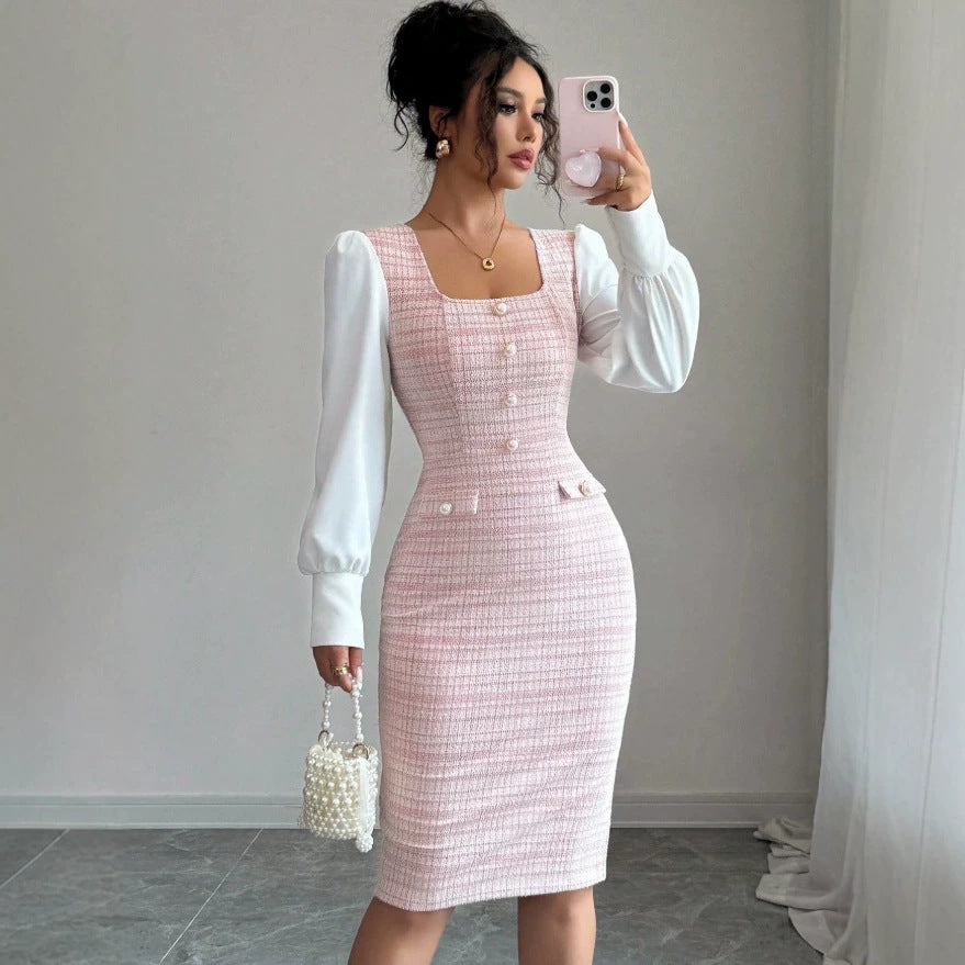 new european and american cross-border pink chanel-style square neck puff sleeve slim-fit french dress