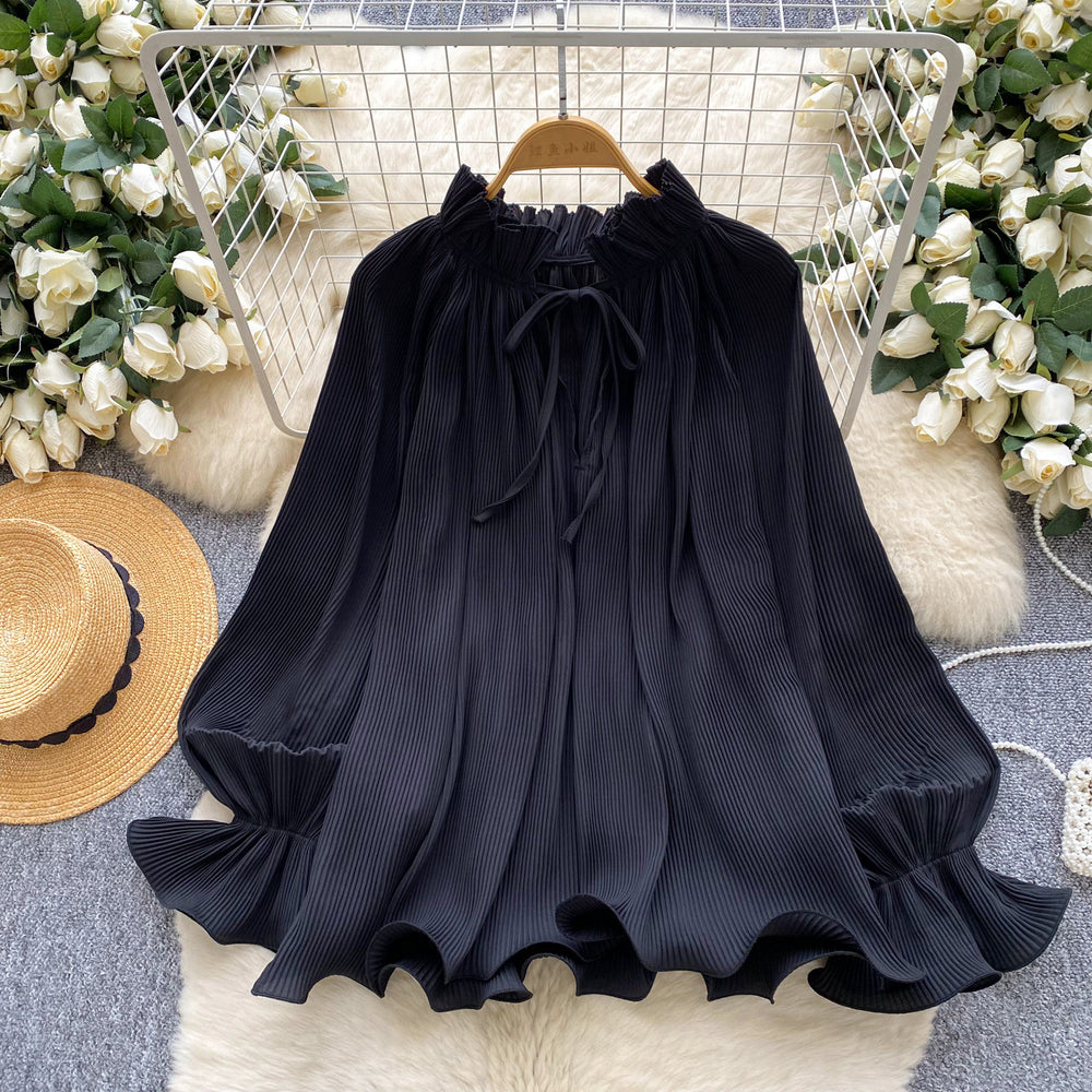Gentle wind elegant bell sleeve pleated shirt for women autumfrenchlooseslimming lookcasualrufflestops