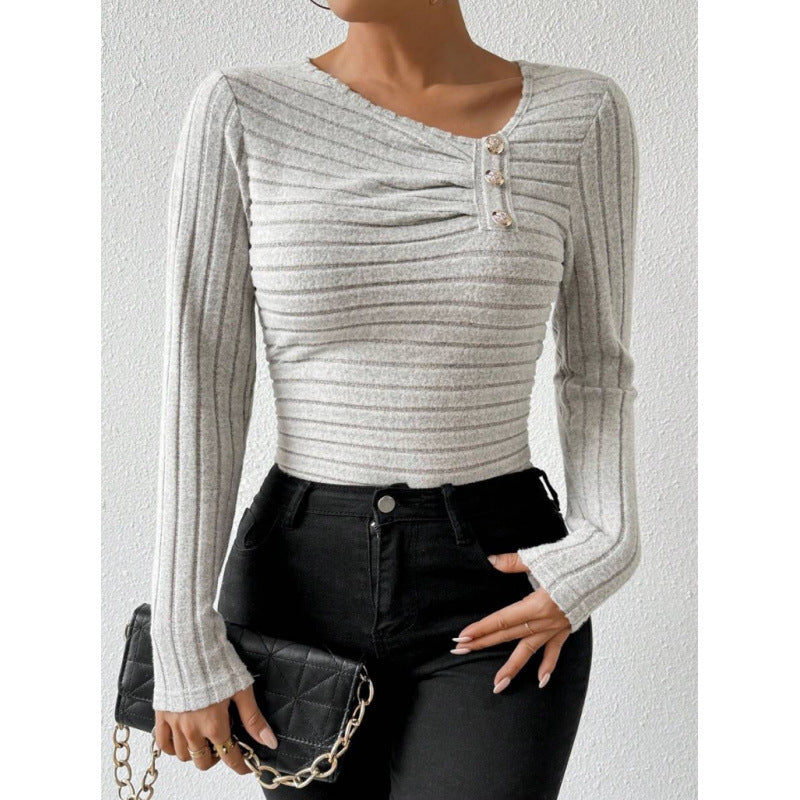 women's asymmetrical neck ruched knit cropped top - long sleeve button detail slim fit casual blouse