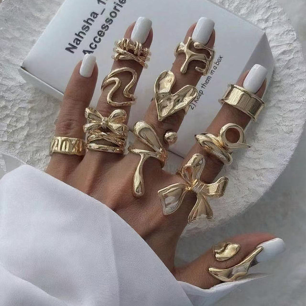 Wholesale glossy ring sets - european & american cross-border jewelry - statement lava line, bowknot, and heart alloy rings for women