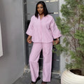 European and american cross-border women's clothing  summer new arrival: elegant and stylish turn-down collar loose striped shirt and wide-leg pants set