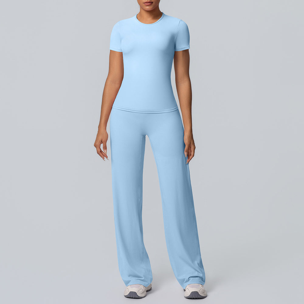 double-sided brushed pure color tight training long sleeves wide-leg yoga suit sports running fitness two-piece set