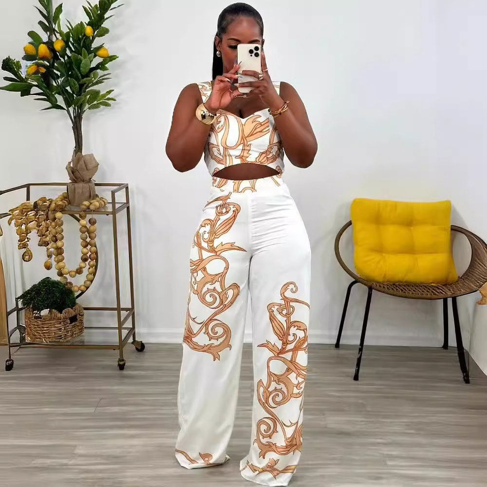 S10805 European, American, sexy, printed suspender high-waisted wide-leg pants two-piece set