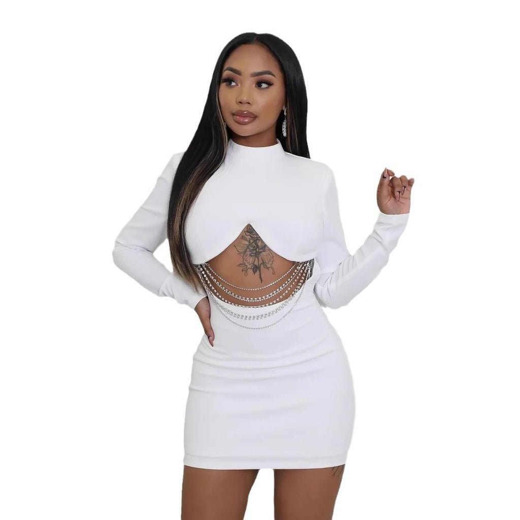 Spot 2024 Cross-border Europe, America,  Independent Station Unbreakable Diamond Chain Solid Color Long Sleeve Slim Hip Wrap Dress