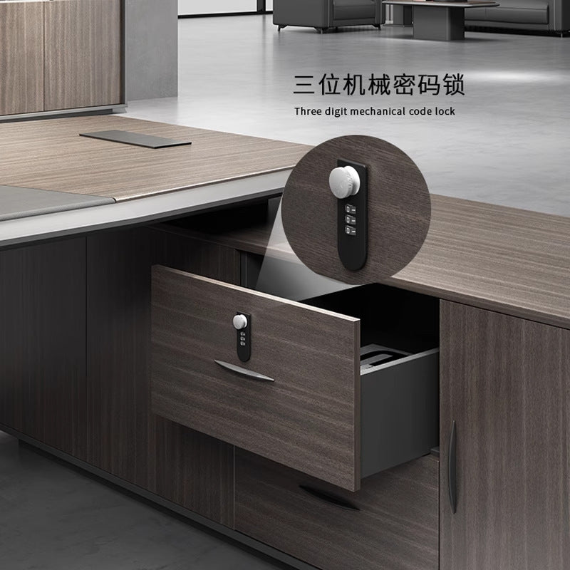 High-end, minimalist, and modern office desk and chair set. executive desk, manager's desk, lacquered finish, understated luxury, suitable for executive offices and boardrooms