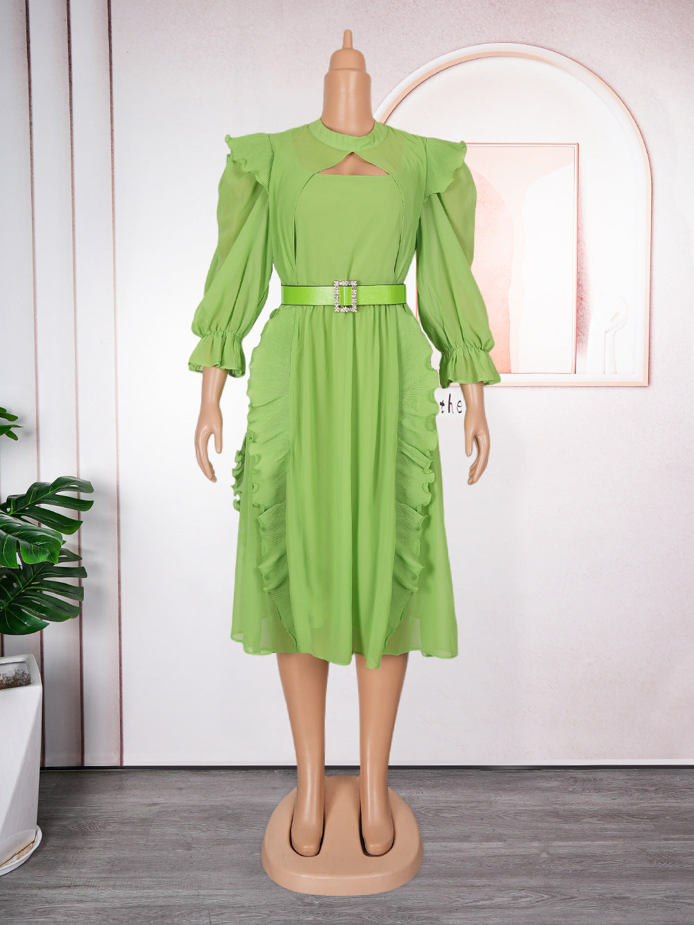 Fashion cross-border  plus size women's clothing african pure color new arrivalautumhigh waistslimming look fungus edge dress