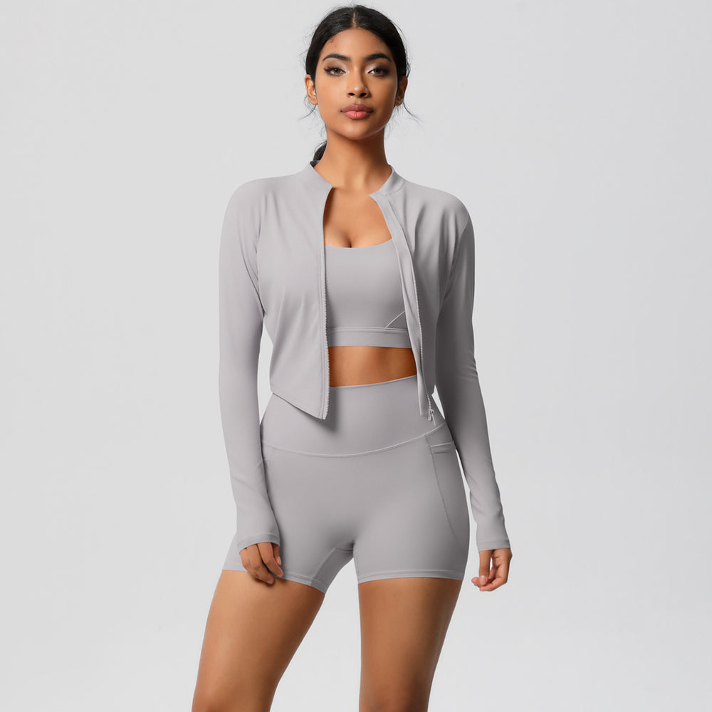 High-waisted brushed fleece tight pocket yoga set - cloud-soft quick-dry activewear three-piece outfit for outdoor leisure, running, and fitness