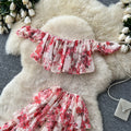 Pure desire style one shoulder floral cake skirt two-piece set women's summer romantic style slimmingelegant classy suit