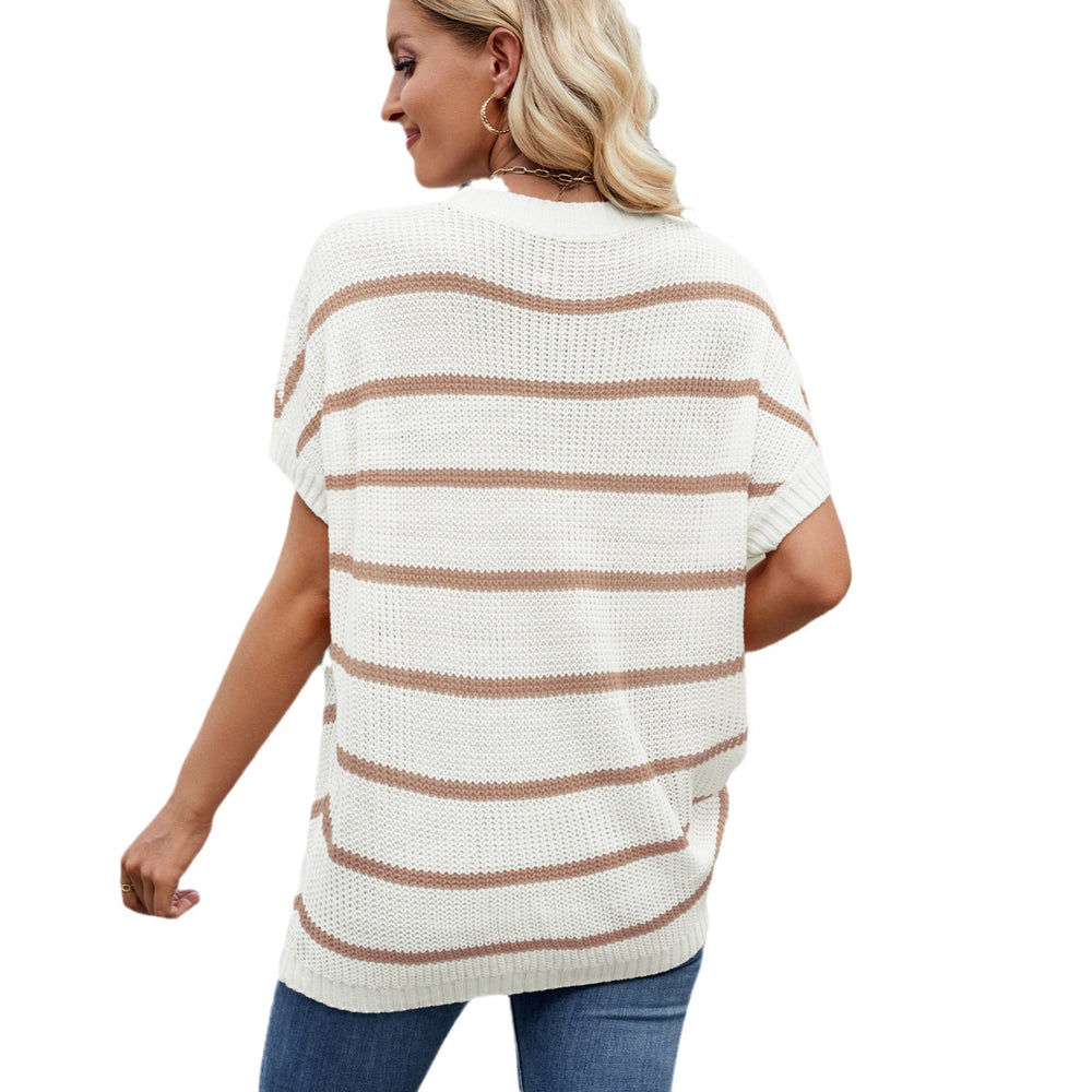 European and american new striped knit crewneck pullover -   european and american fashion color block drop shoulder short sleeve sweater for women