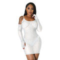 C6507   fashion women's solid color mesh rhinestone see-through suspender mini dress
