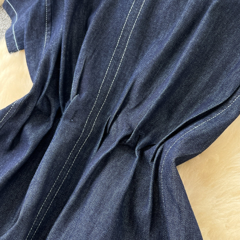 Korean style commute denim short-sleeve dress -  summer, elegant, versatile, high-waisted, cinched waist a-line skirt