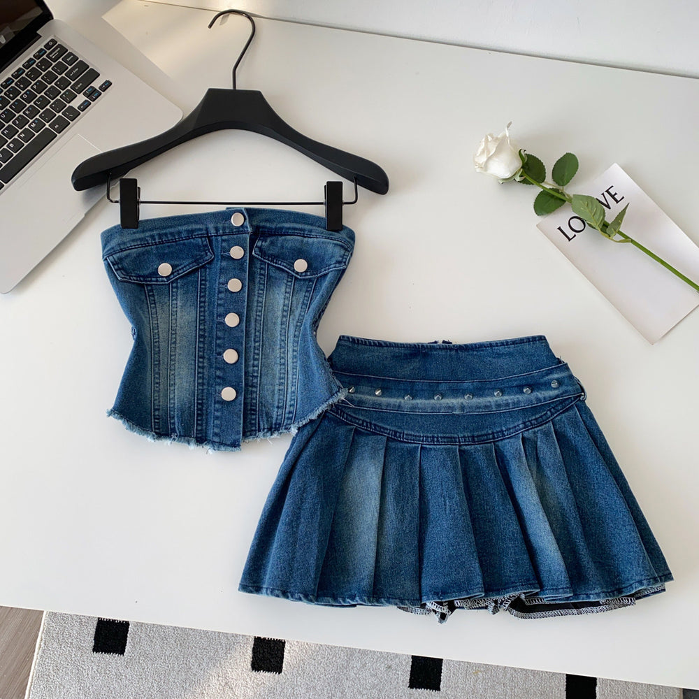 Western cowboy style bandeau vest pleated skirt two-piece set - women's spring/summer slimming, age-defying, and versatile outfit