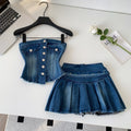 Western cowboy style bandeau vest pleated skirt two-piece set - women's spring/summer slimming, age-defying, and versatile outfit
