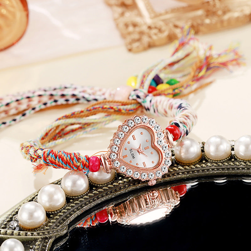 New arrivalaccessible luxury ethnic style heart-shaped quartz watch pull-out braided strap women's bracelet watch women's watch wholesale