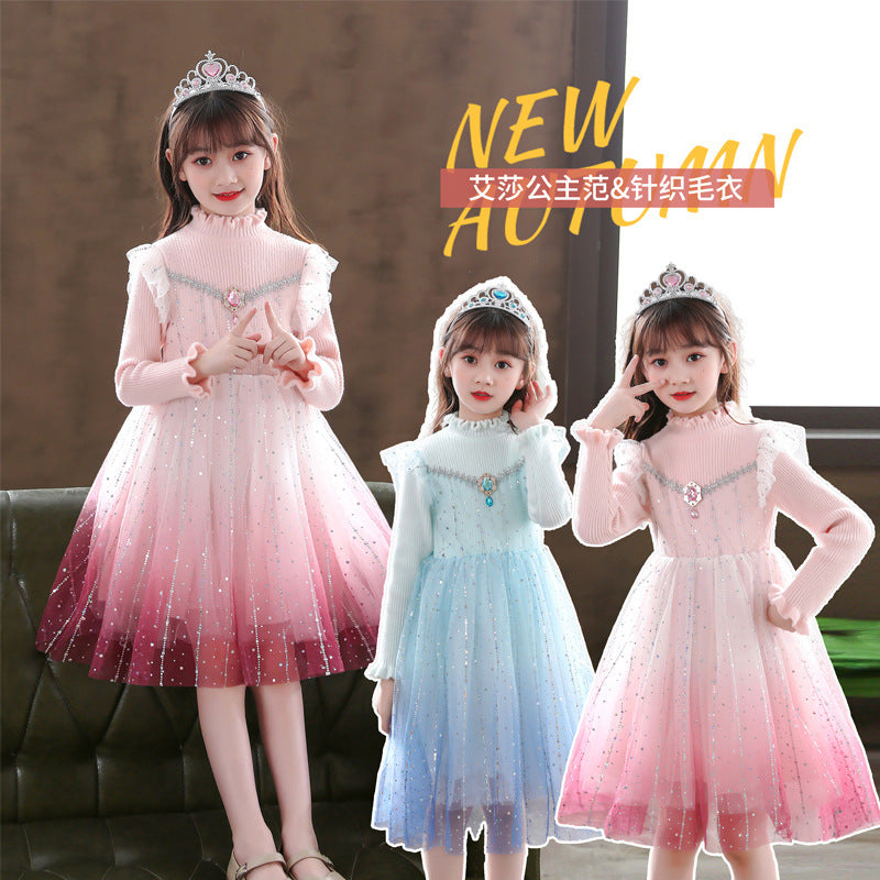Elsa dress girls new arrivalknittingsweaterkids elsa skirt 3-14 years old dressfall and winter style birthday