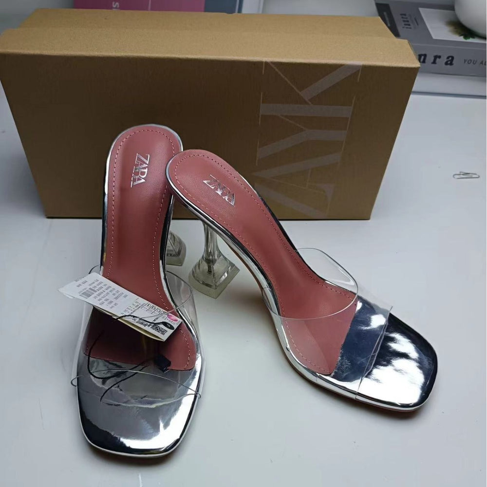 Za2024summernew arrival metal glass glue open toe european and american style high heel sandals daily casual outer wear women