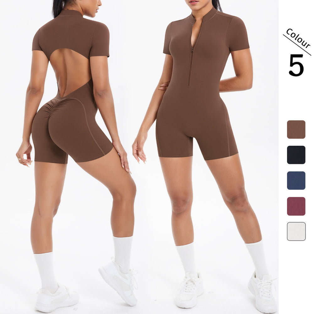 New arrival cross-border fashionpure color zipper beautiful back tight one-piece yoga wear breathable sports running fitness jumpsuit