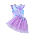 Girls' two-piece outfit: fish scale print flutter sleeve top + mesh skirt set