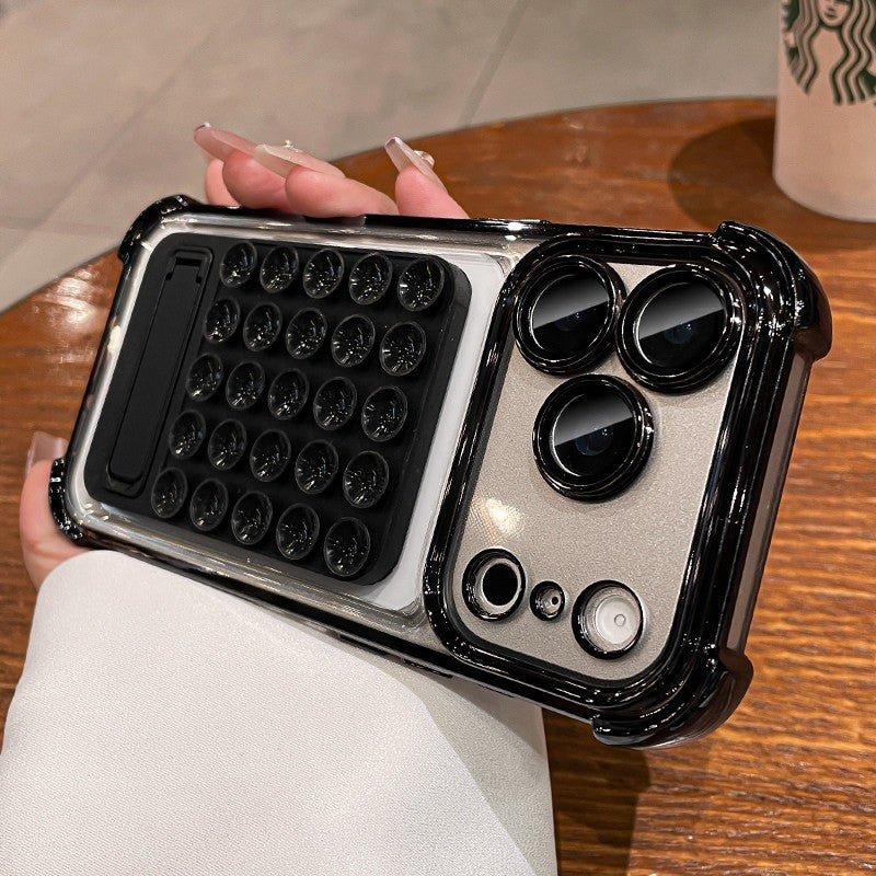 Suitable for iphone 17 pro max phone case, electroplated four-corner shockproof silicone suction cup kickstand case, also compatible with iphone 16