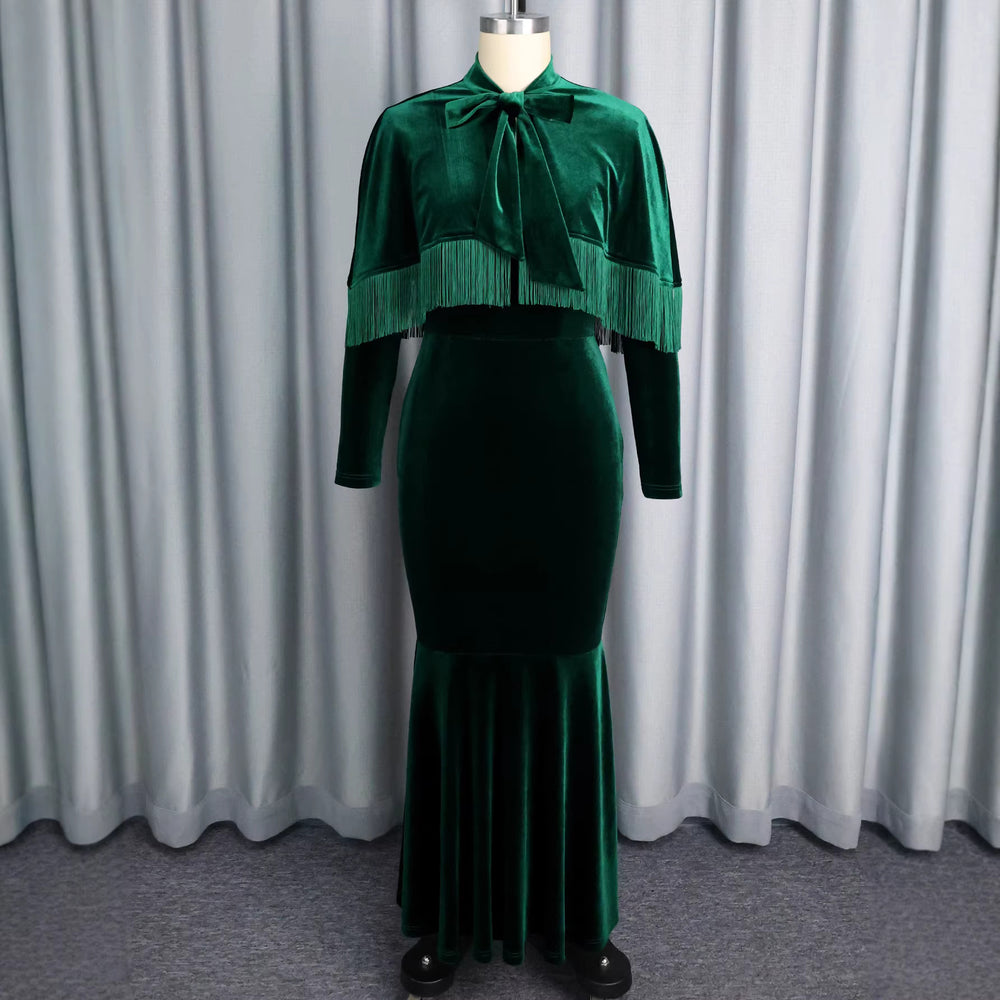 Amazon velvet tassel two-piece set bow tie shawl cinched waist mermaid evening gown dresses