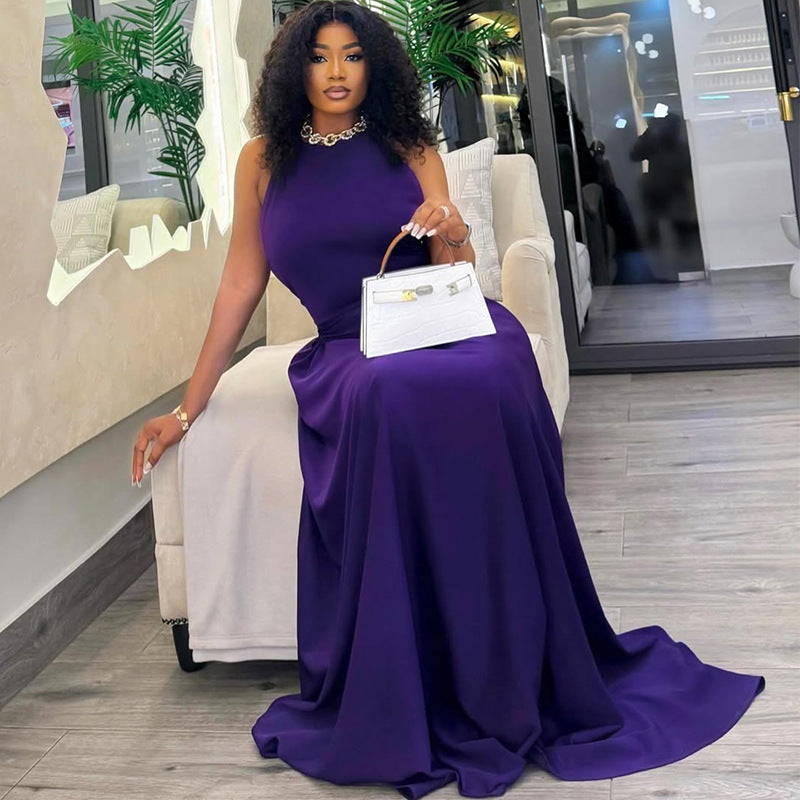 European and american cross-border women's fashion:  summer new arrival - sexy and elegant round neck purple cinched waist sleeveless maxi dress
