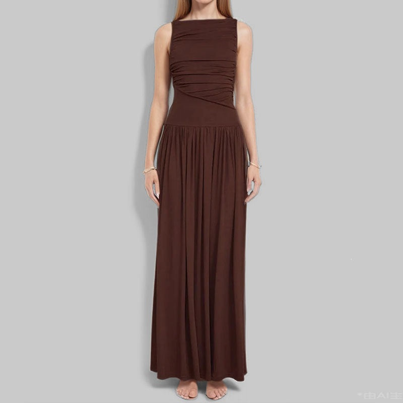 summer new women's fashion: european and american cross-border dress - elegant, slim-fit, solid color pleated maxi dress
