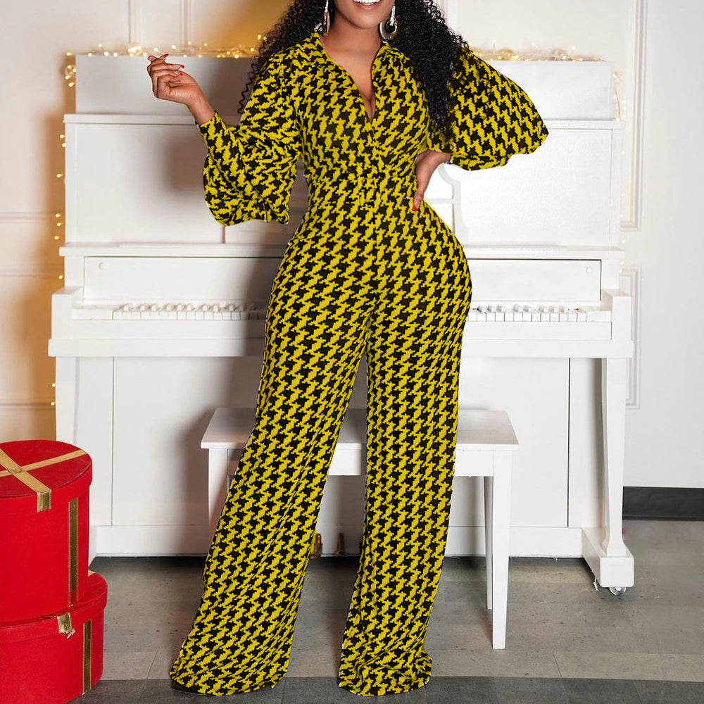 Q050 cross-border women's fashion  new v-neck puff sleeve cinched waist printed wide-leg plus size african european and american jumpsuit