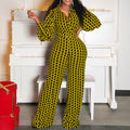 Q050 cross-border women's fashion  new v-neck puff sleeve cinched waist printed wide-leg plus size african european and american jumpsuit