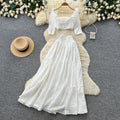 French romantic white square neck puff sleeve top and high-waisted tiered skirt two-piece set - summer vacation style