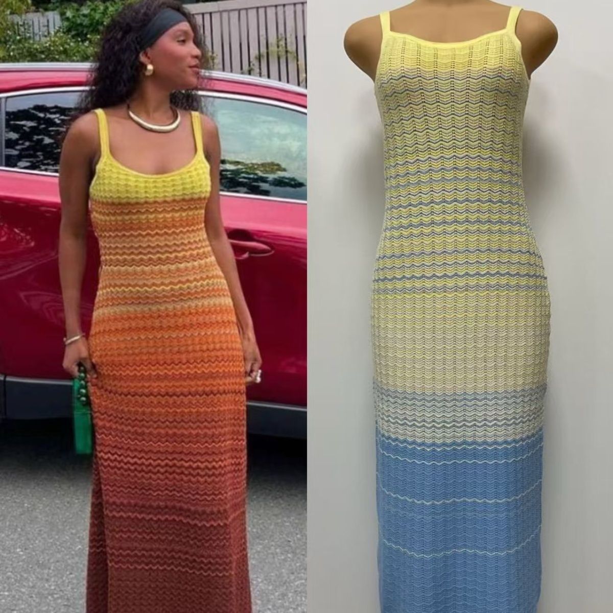 S home French high-end seaside vacation gentle wind gradual change long dress sleeveless suspender knitted dress