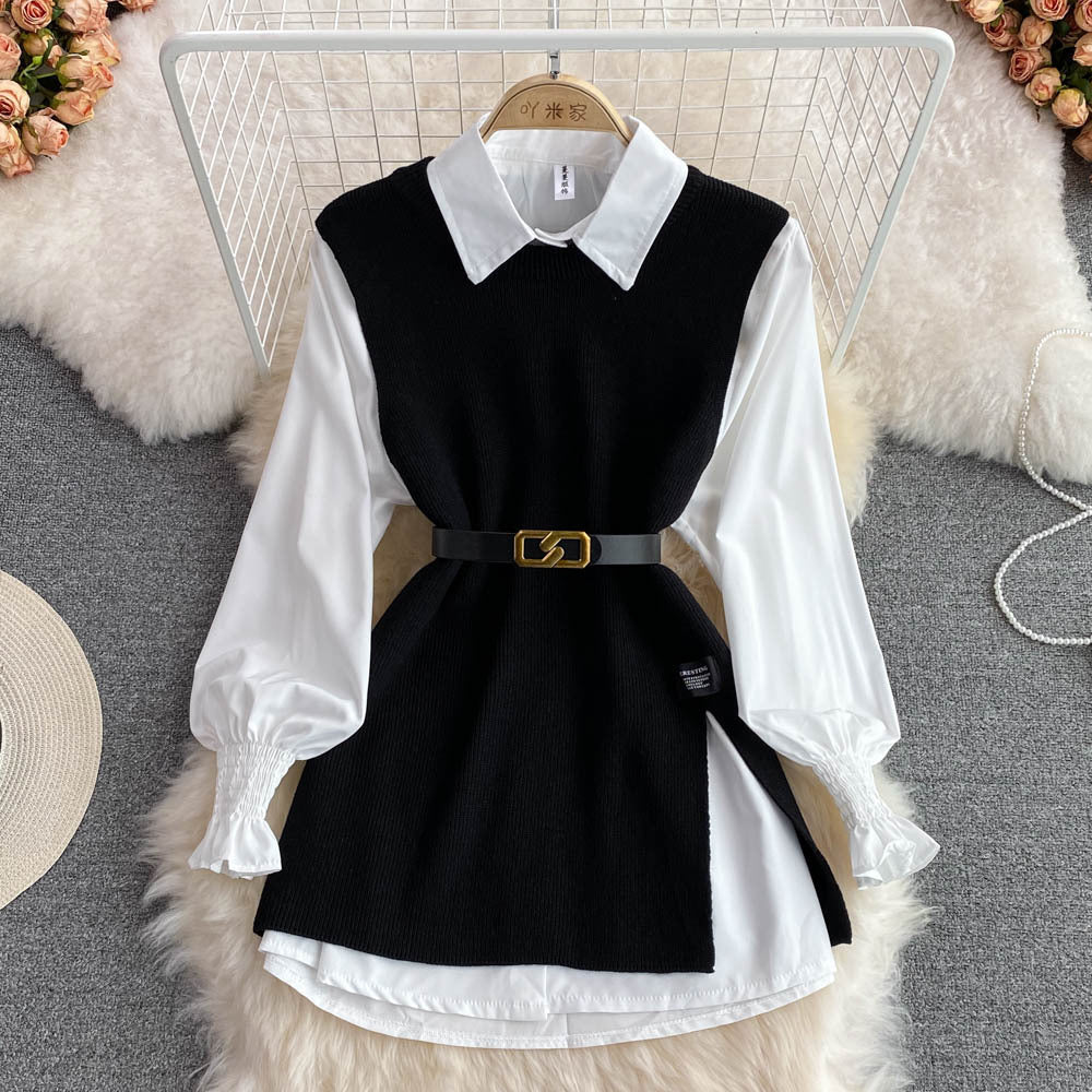 Spring lantern sleeve white shirt women's age-reducing sweet loose covering slit vest sweater layering two-piece set
