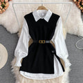 Spring lantern sleeve white shirt women's age-reducing sweet loose covering slit vest sweater layering two-piece set
