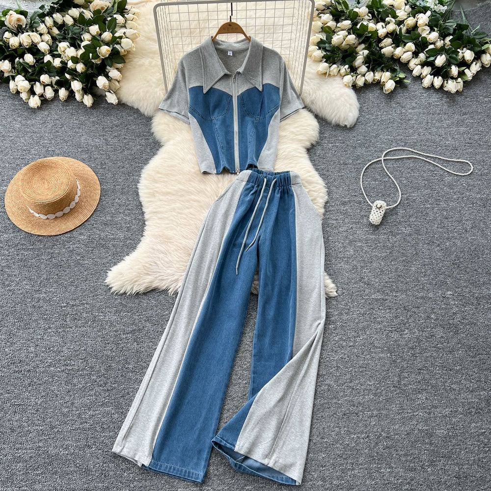 Summer outfit set: women's casual retro lapel faux two-piece short sleeve top with high-waisted patchwork denim wide-leg pants